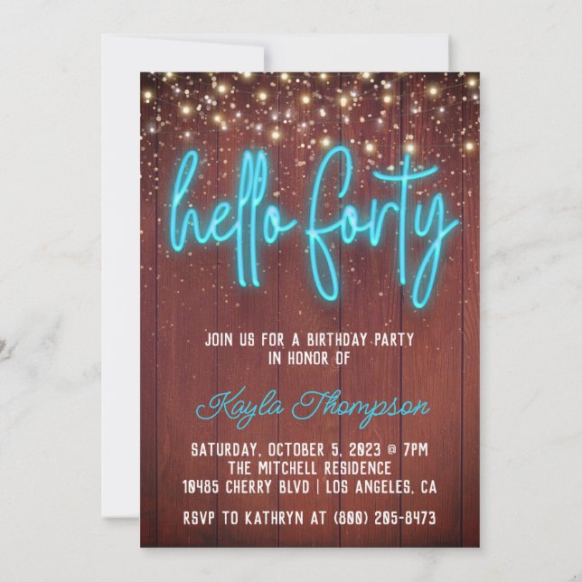 Neon Hello Quarty Wooden Birthday Convite (Verso)