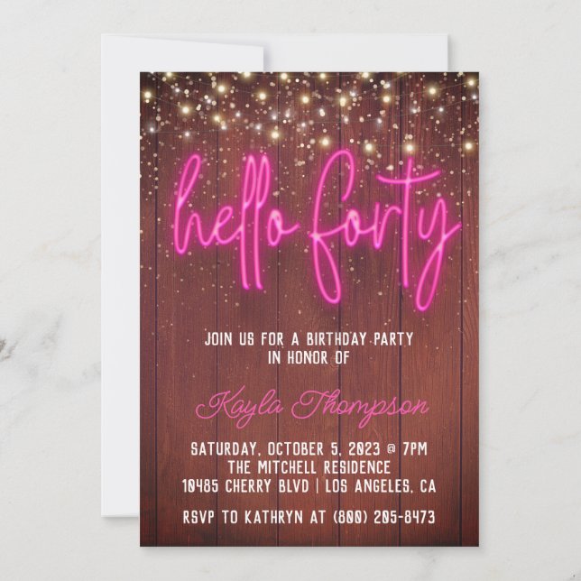 Neon Hello Quarty Wooden Birthday Convite (Verso)
