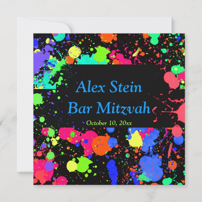 Neon Paint Splatter, Bar / Convite Mitzvah Bat (Frente)