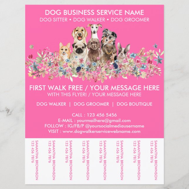 Neon Pink Brees Dog Walker Service Flyer (Frente)