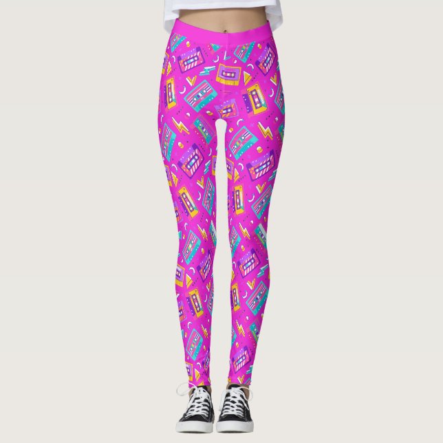 Neon Pink Trendy anos 80 Cassette Music Leggings (Frente)