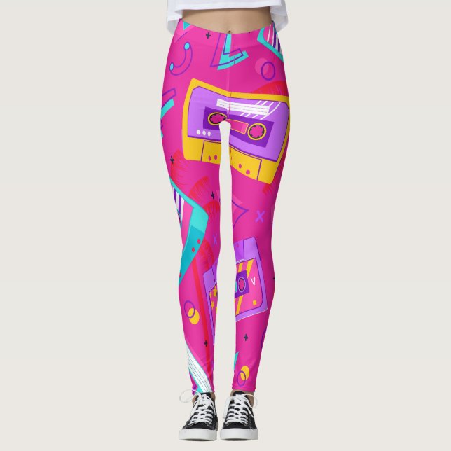 Neon Pink Trendy anos 80 Cassette Music Leggings (Frente)