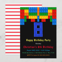 Neon Red Building Blocks 8º Convites de Aniversári