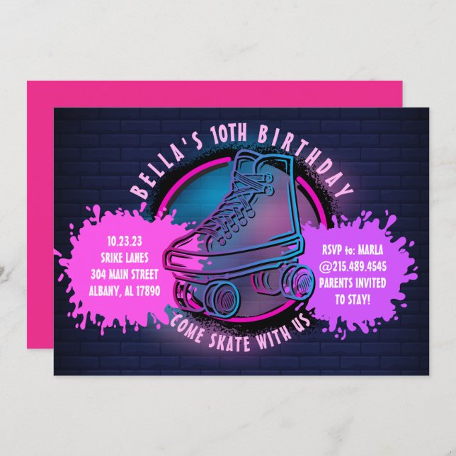 NEON ROLLER SKATING GLOW NEON PINK Festa de aniver (Frente/Verso)