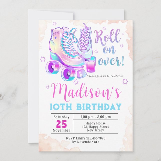 Neon Rollerskating Birthday Convite (Frente)