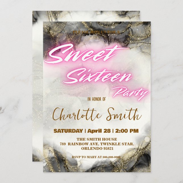 Néon rosa Elegante retro Dourado Sweet 16º Anivers (Frente/Verso)