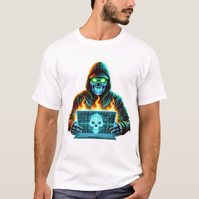 Neon Skull Hacker - Camiseta do Guerreiro Cibernét (Frente)