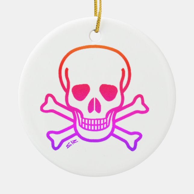 Neon Skull, ornamento cerâmico branco redondo (Frente)