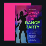 Neon Sweet 16 Aniversário Convite de festas<br><div class="desc">Um convite perfeito para uma festa de dança de 16. O texto verde neon contrasta claramente com o fundo escuro. Um gráfico silencioso de adolescentes dançando é o sotaque perfeito.</div>