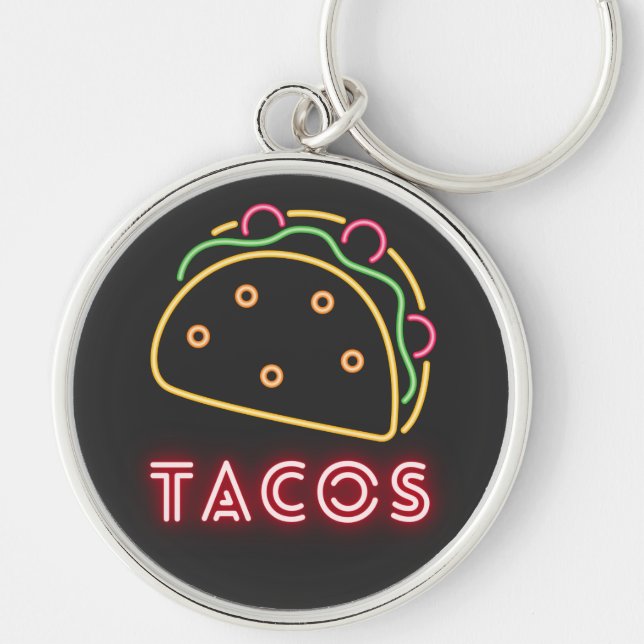 Neon Tacos Símbolo e Chaveiro de Botão de Texto (Frente)