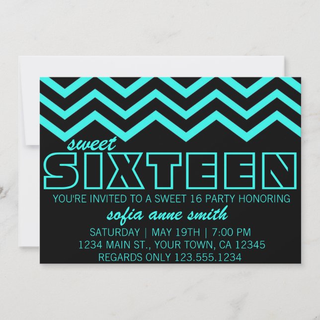 Neon Teal e Black Chevron Sweet 16 Convite (Frente)