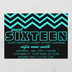 Neon Teal e Black Chevron Sweet 16 Convite