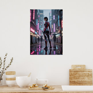 Neon Thorns - Cyberpunk Rosa Assassin Poster