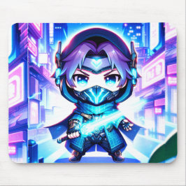 Neon Warrior - Chibi Cyber Ninja Mousepad