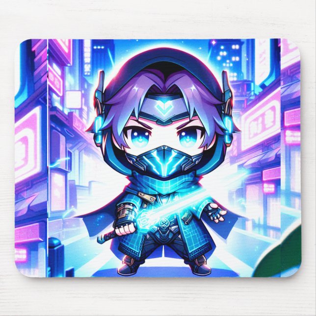 Neon Warrior - Chibi Cyber Ninja Mousepad (Frente)