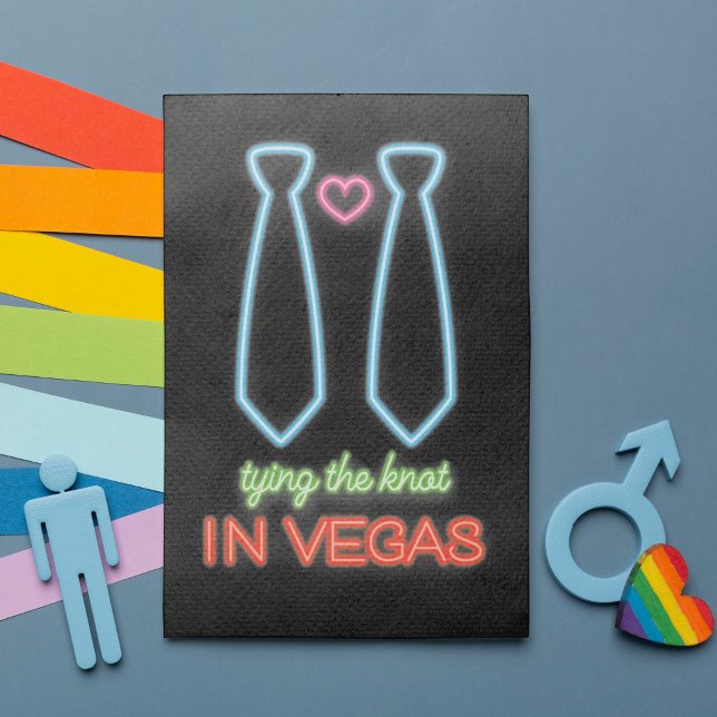 NeonTying The Knot in Vegas Gay Casamento Convite (Featuring fabulous faux neon lights in two neck ties and a heart. Ideal for a wild Las Vegas wedding)