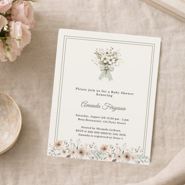 Neutral florals green ivory Baby Shower invitation (Criador carregado)