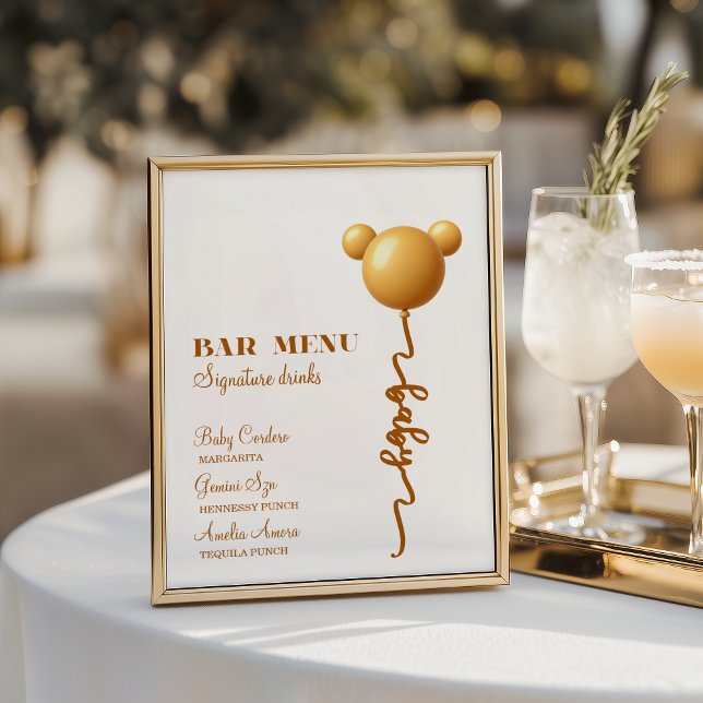Neutral Gold Teddy Balloon Bar Menu Poster (Criador carregado)