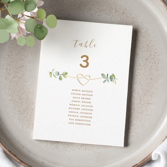 Neutral Greenery Gold Heart Wedding Seating Chart (Criador carregado)