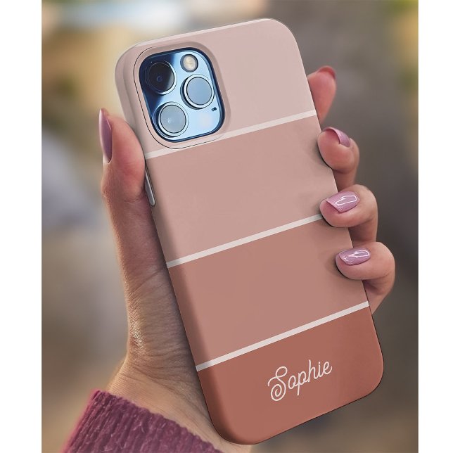 Neutral Terracotta | Rascunhos com Script (A trendy striped neutral and terracotta phone case with your family name in script)