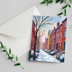 Neve na Cidade Cartão de Pintura em Aquarela de