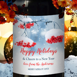 Neve na etiqueta festiva vermelha do vinho do