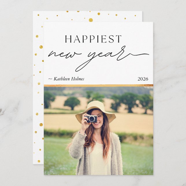 New Year Gold Photo Simple Holiday Card (Frente/Verso)