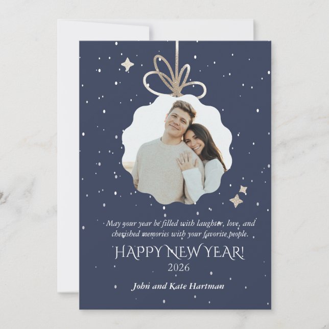 New Years Greeting Card with Photo Ornament (Frente)