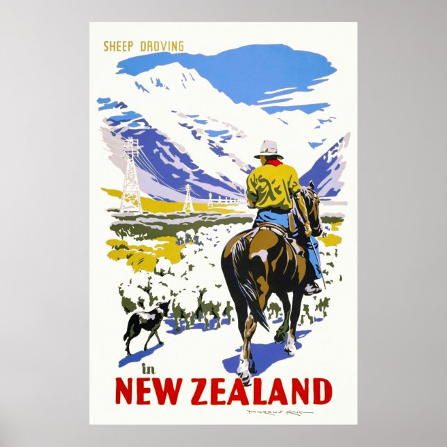 New Zealand Sheep Droving Vintage Poster 1930s (Frente)
