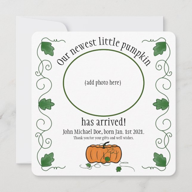 Newest Little Pumpkin Birth Announcement Thank You (Frente)