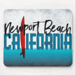 Newport Beach Mouse Pad California Surboard<br><div class="desc">Newport Beach California surfing design. Uma prancha vermelha com texto azul e turquesa - tema surfista tipografia.</div>
