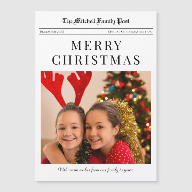 Newspaper Merry Christmas magnetic holiday card (Frente)