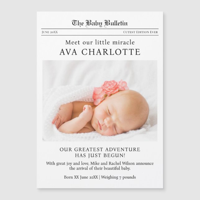 Newspaper Newborn Baby Announcement Magnetic Card (Frente)