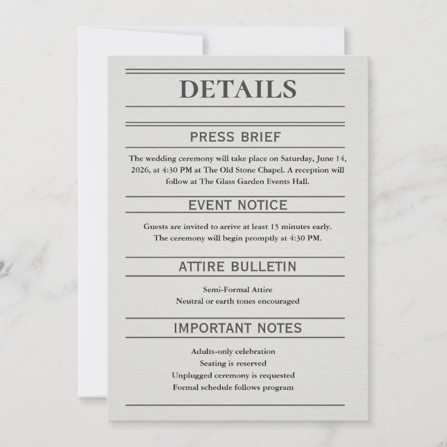 Newspaper-Style Wedding Details Card (Frente)
