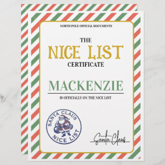 Nice List Certificate Signed by Santa Personalized
