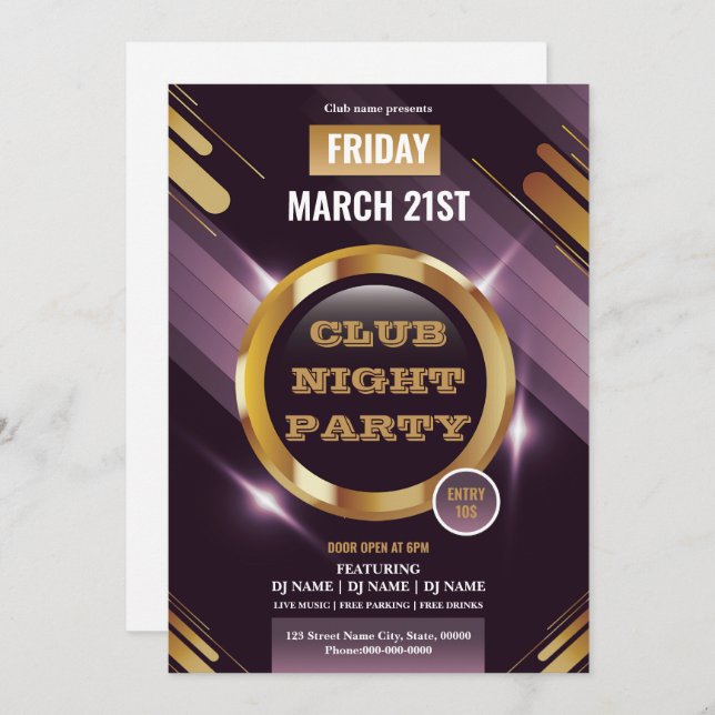 Night Club Party Invitation Template  (Frente/Verso)