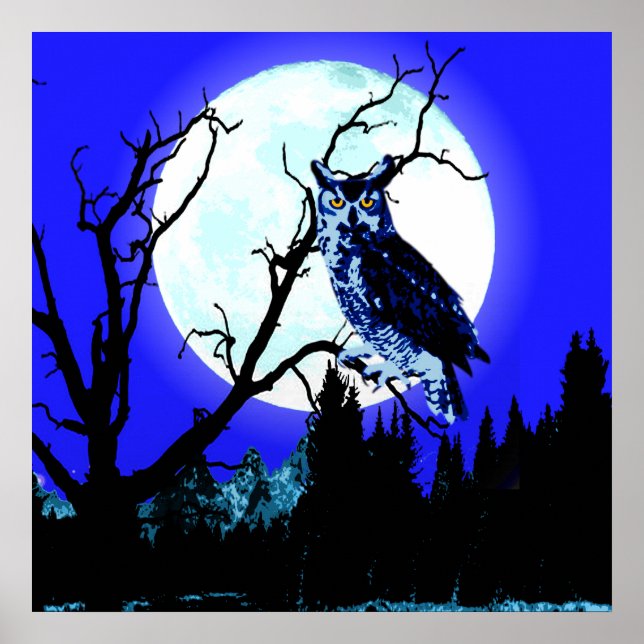 Night Moon Owl On A Branch Poster (Frente)