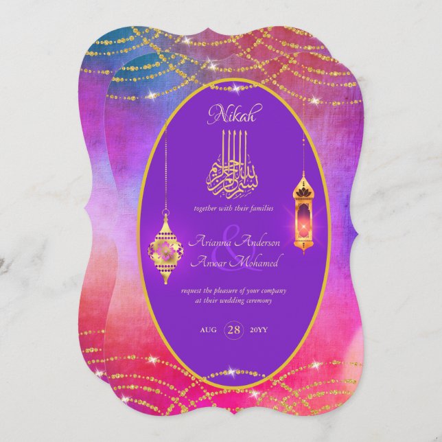 NIKAH - Convite de casamento Dourado Roxo Ornament (Frente/Verso)
