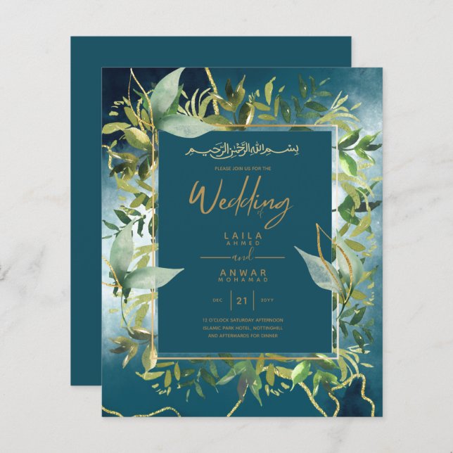 NIKAH - Convites Dourados ao Casamento Islâmico Az (Frente/Verso)