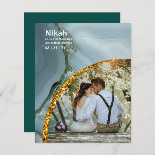 NIKAH - FOTO Dourada do Teal da Agata do Casamento (Frente/Verso)