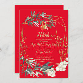 Nikah Red Dourado Greenery Convite de casamento Is
