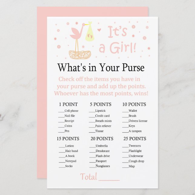 Ninho Pink Stork O que há no seu jogo de bolsa (Frente/Verso)