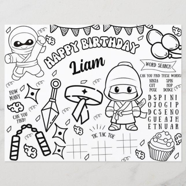 Ninja Coloring Placemat Warrior Party Activity (Frente)