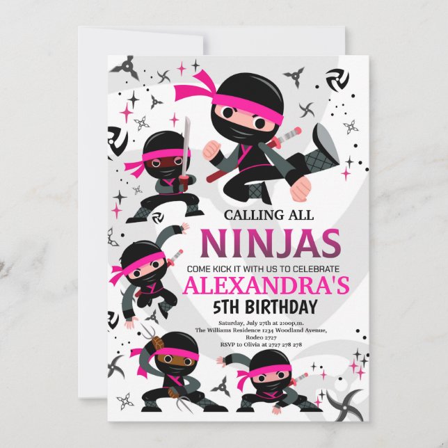 Ninja Convite de aniversário Karate Party Pink (Frente)