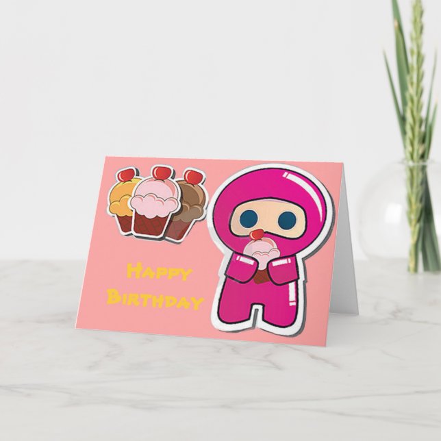 Ninja - Cupcake Rosa - Cartão de Aniversário (Frente)