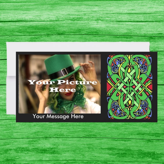 Nó Cobra Celta Colorido (Black photo greeting card with ornate Irish Celtic knot design.  Customize text and your own photo.)