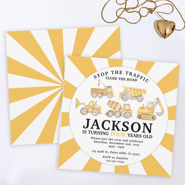 No convite de aniversário de caminhões de construç (Criador carregado)