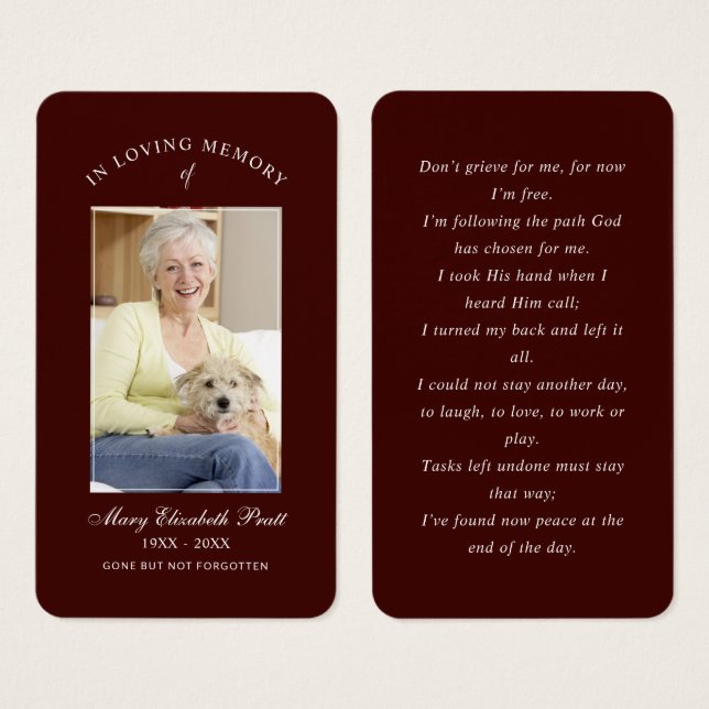 No Loving Memory Photo Funeral Prayer Card (Frente & Verso)