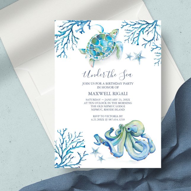 No Mar, Convites De Aniversário Online (Baby shower invitations under the sea watercolor art by Victoria Grigaliunas)