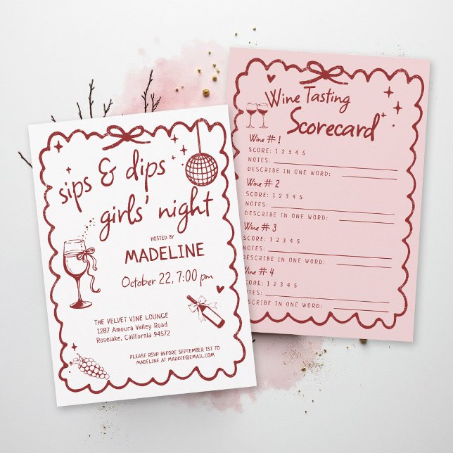 Noite das Mulheres da Vinícola Cartão de Pontuação (winery girls night out invitation wine tasting scorecard red burgundy pink napa sonoma country)